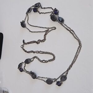 CHARMING CHARLIE Blue Black  Crystals & Rhinestones on 40" Silvertone Necklace